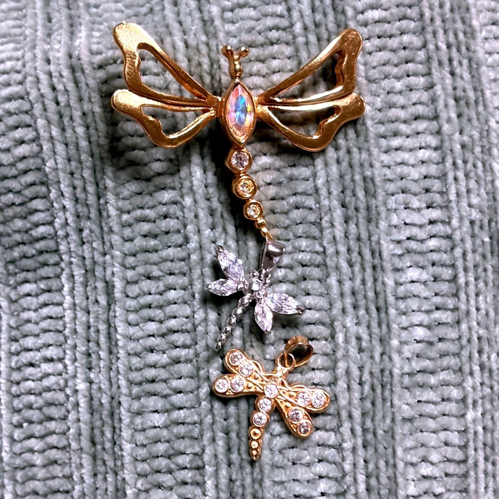 Dragonfly Brooch and Pendant Set Gold Silver Tone Crystal Insect Jewelry Lot